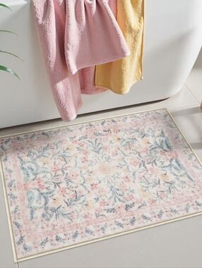 NWT 20"x32" Boho Floral Bath Rug Non-Slip Machine Washable In Pink/Cream